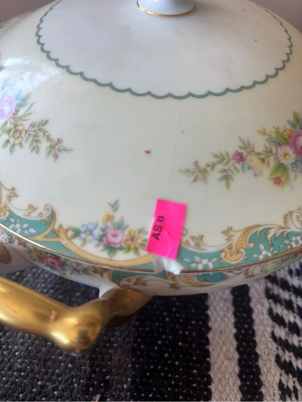 Floral Covered Porcelain Tureen with Gold Handles